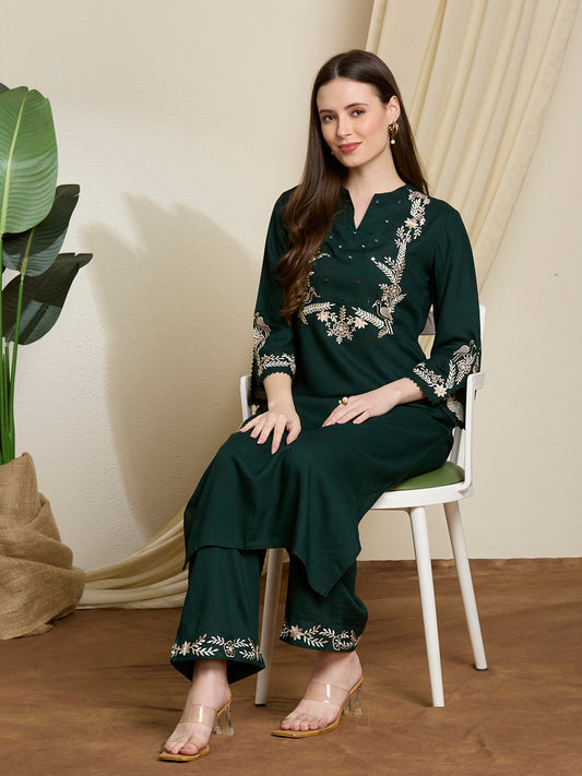 Floral Threadwork Embroidered Straight Fit Co-ord Set - Green