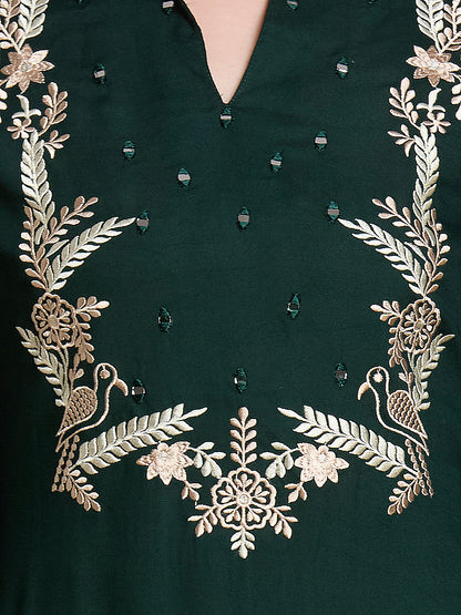 Floral Threadwork Embroidered Straight Fit Co-ord Set - Green
