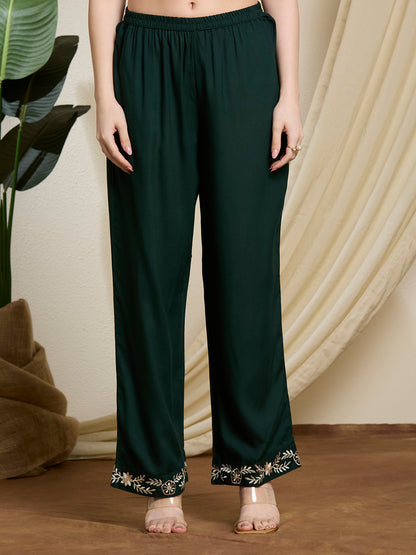 Floral Threadwork Embroidered Straight Fit Co-ord Set - Green