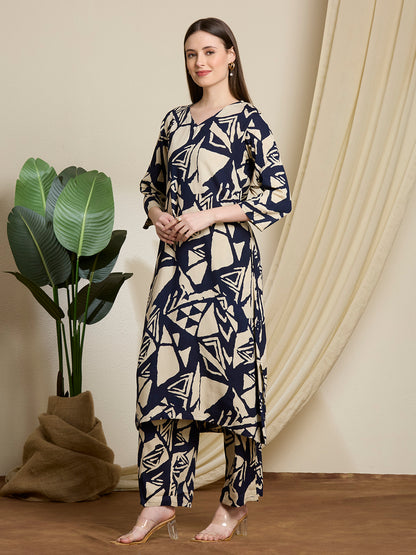Abstract Printed Straight Fit Co-ord Set - Navy Blue