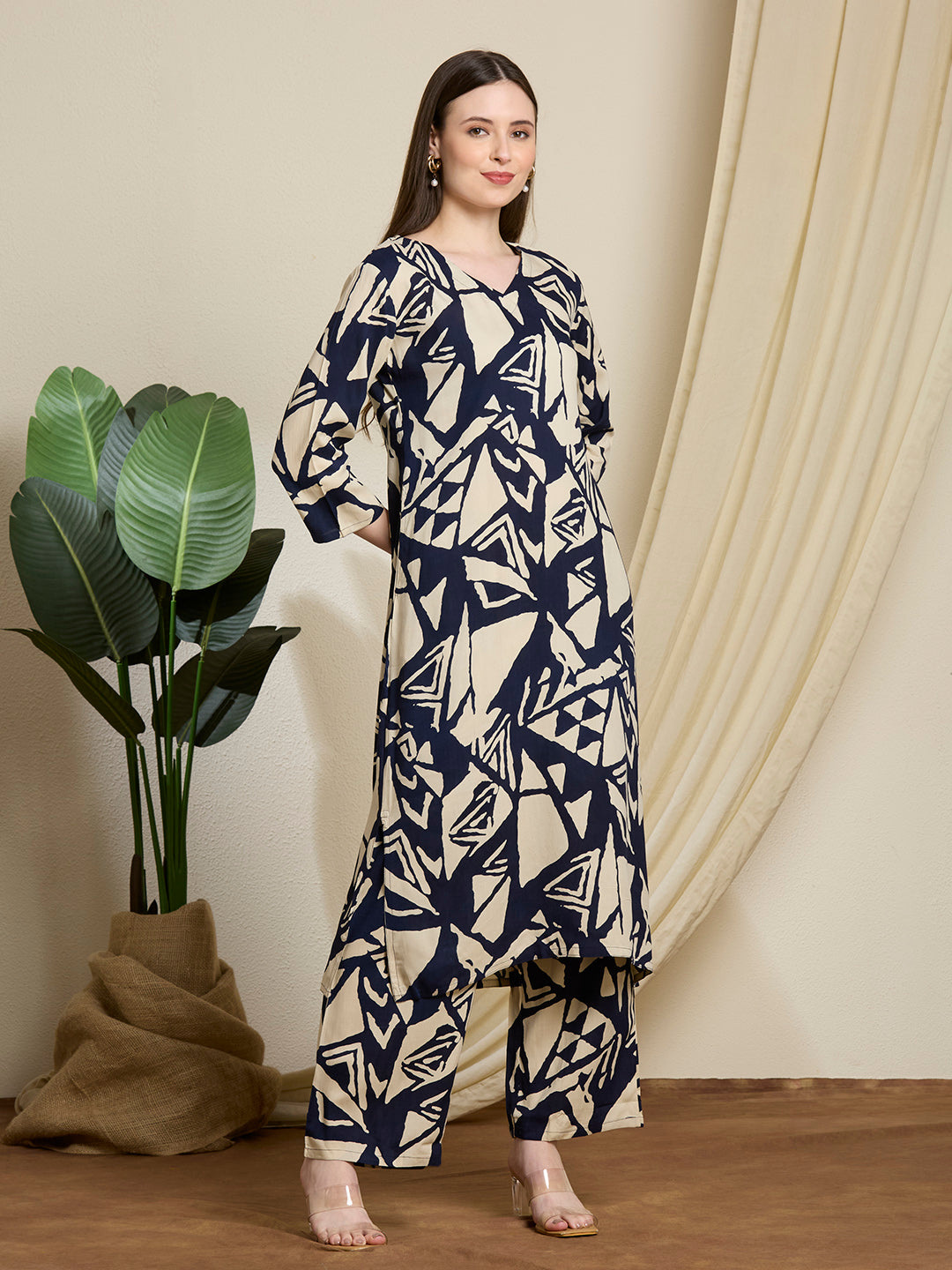Abstract Printed Straight Fit Co-ord Set - Navy Blue