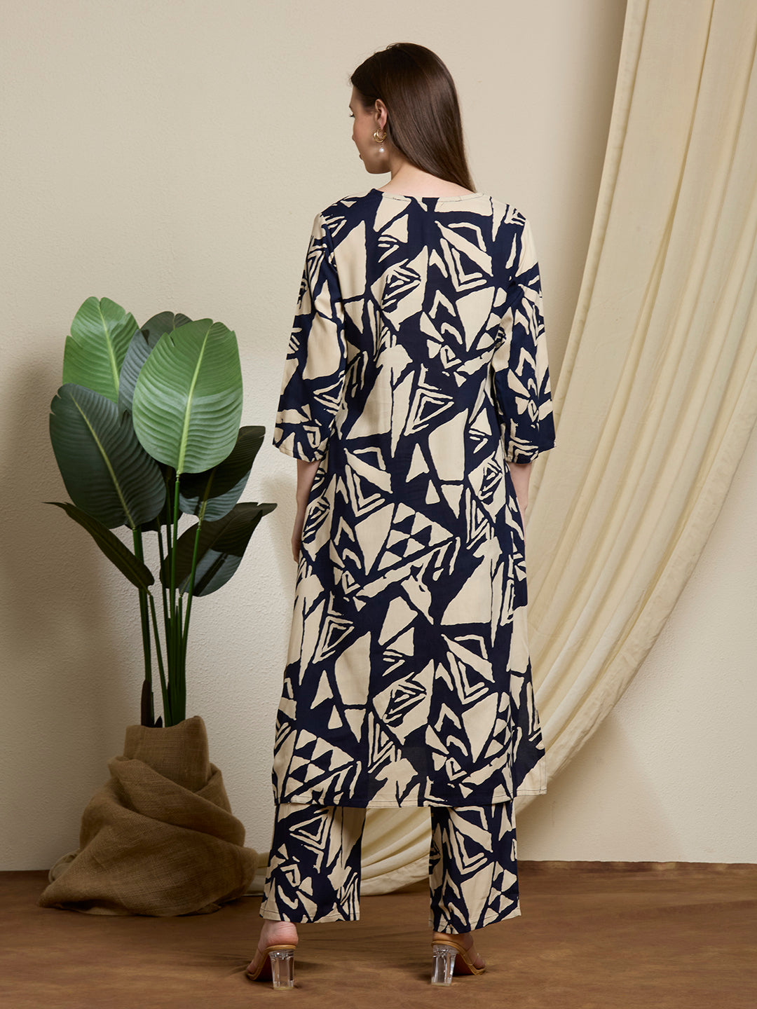 Abstract Printed Straight Fit Co-ord Set - Navy Blue