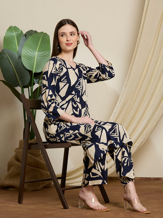 Abstract Printed Straight Fit Co-ord Set - Navy Blue