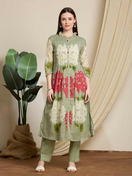 Abstract Floral Printed A-Line Pleated Kurta with Pant - Green