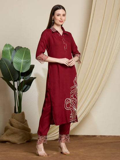 Solid Abstract Floral Threadwork Embroidered Straight Kurta with Pant - Maroon