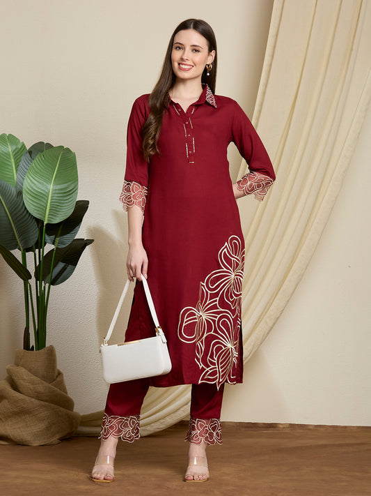 Solid Abstract Floral Threadwork Embroidered Straight Kurta with Pant - Maroon
