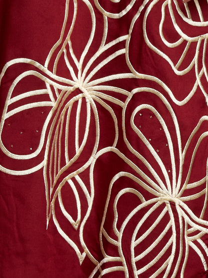 Solid Abstract Floral Threadwork Embroidered Straight Kurta with Pant - Maroon