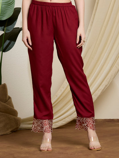 Solid Abstract Floral Threadwork Embroidered Straight Kurta with Pant - Maroon
