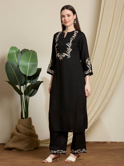Floral Threadwork Embroidered Straight Fit Co-ord Set - Black