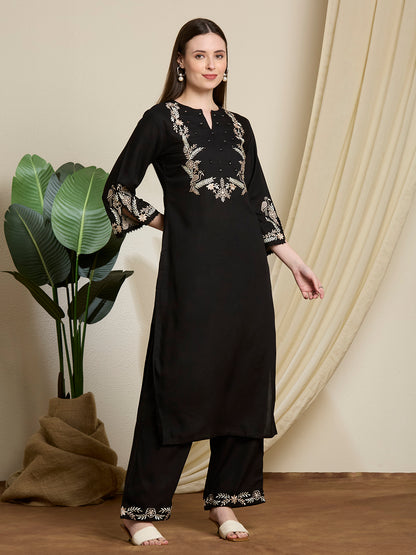 Floral Threadwork Embroidered Straight Fit Co-ord Set - Black