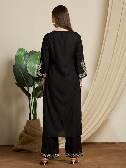 Floral Threadwork Embroidered Straight Fit Co-ord Set - Black