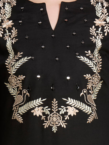 Floral Threadwork Embroidered Straight Fit Co-ord Set - Black