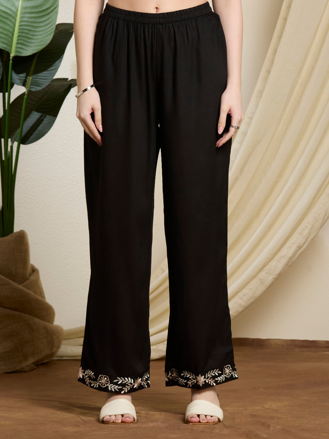 Floral Threadwork Embroidered Straight Fit Co-ord Set - Black