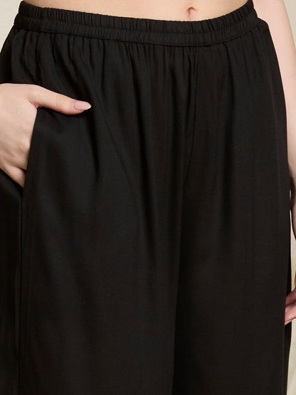 Floral Threadwork Embroidered Straight Fit Co-ord Set - Black