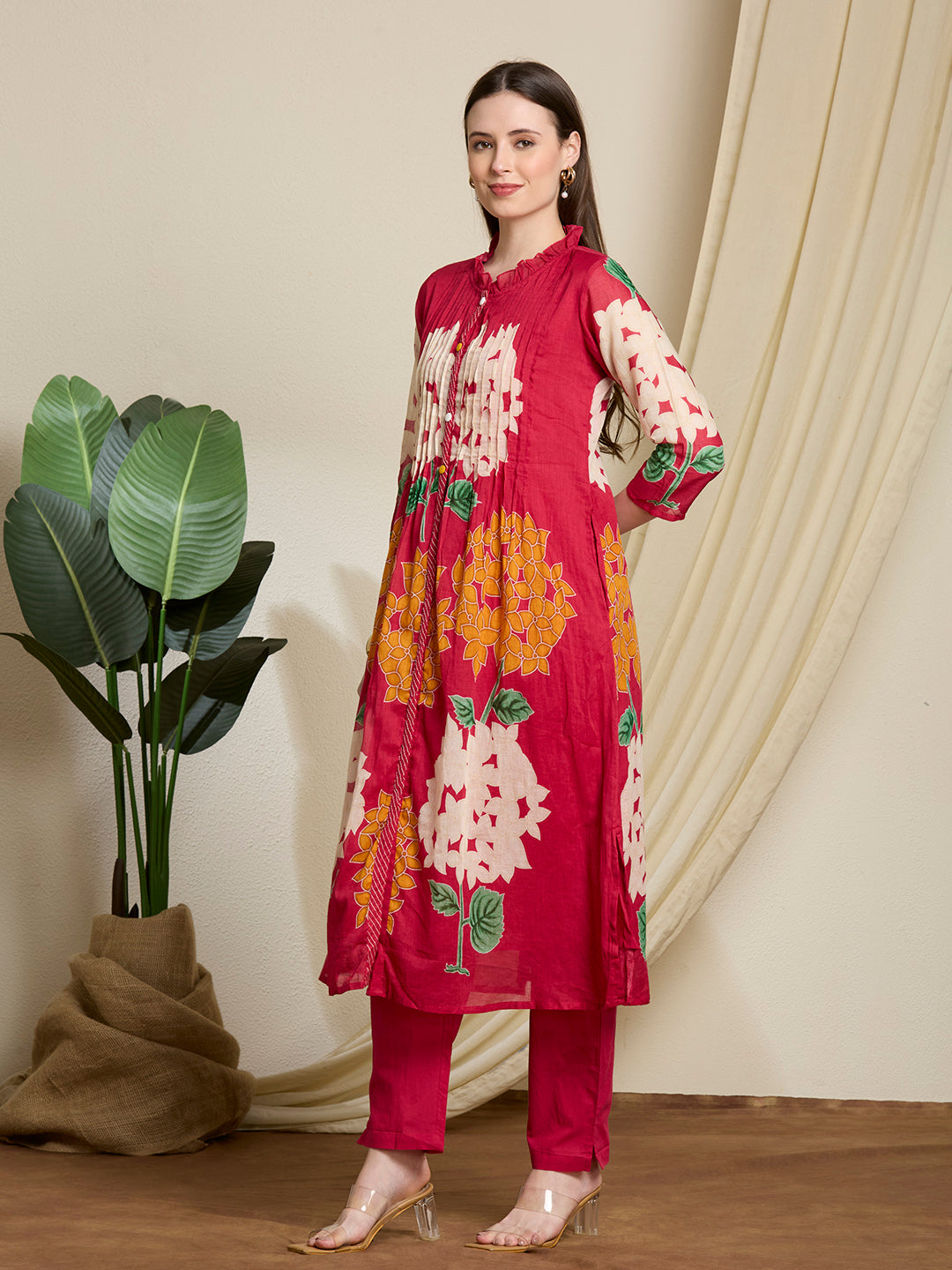 Abstract Floral Printed A-Line Pleated Kurta with Pant - Rani