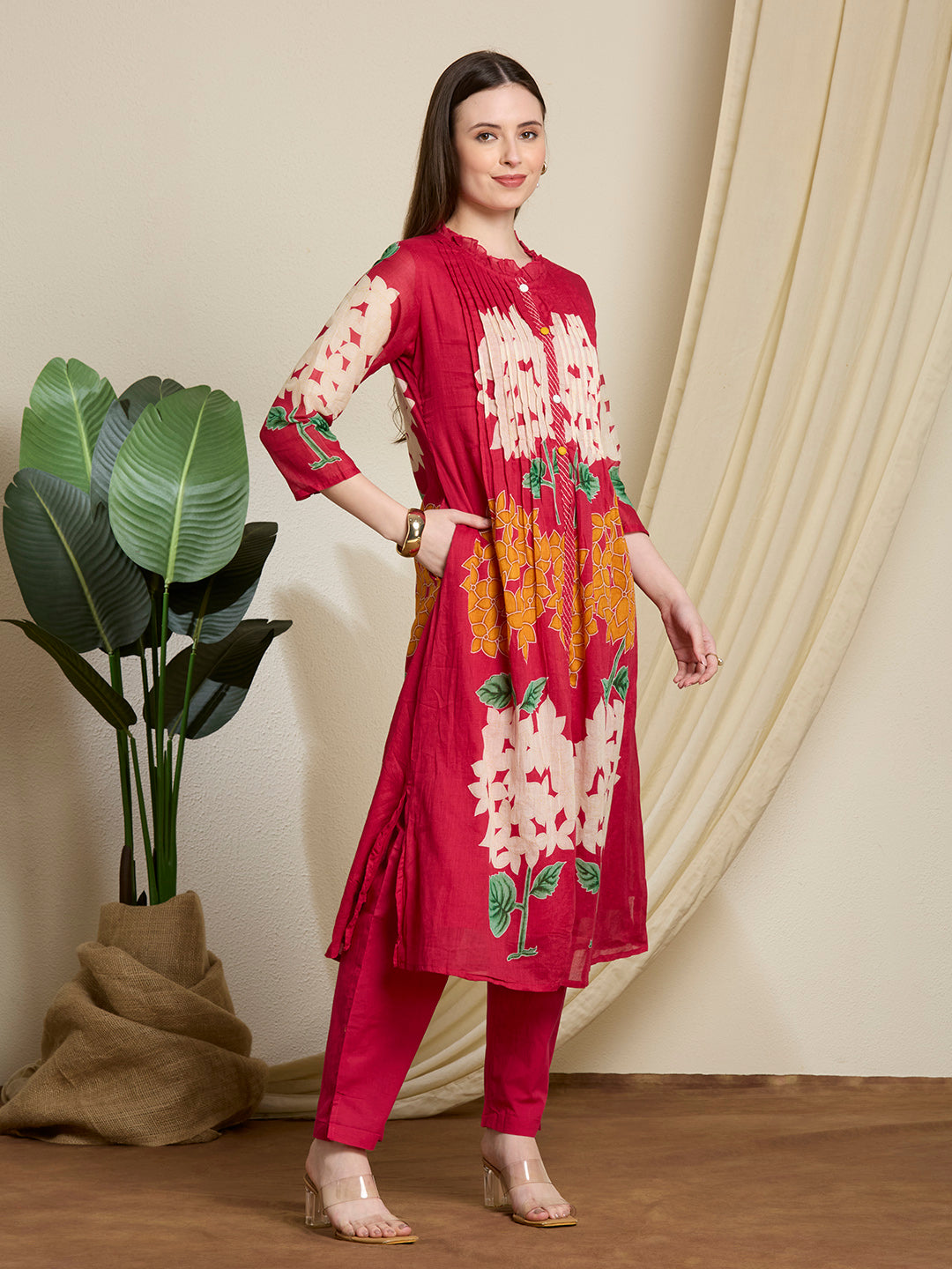 Abstract Floral Printed A-Line Pleated Kurta with Pant - Rani