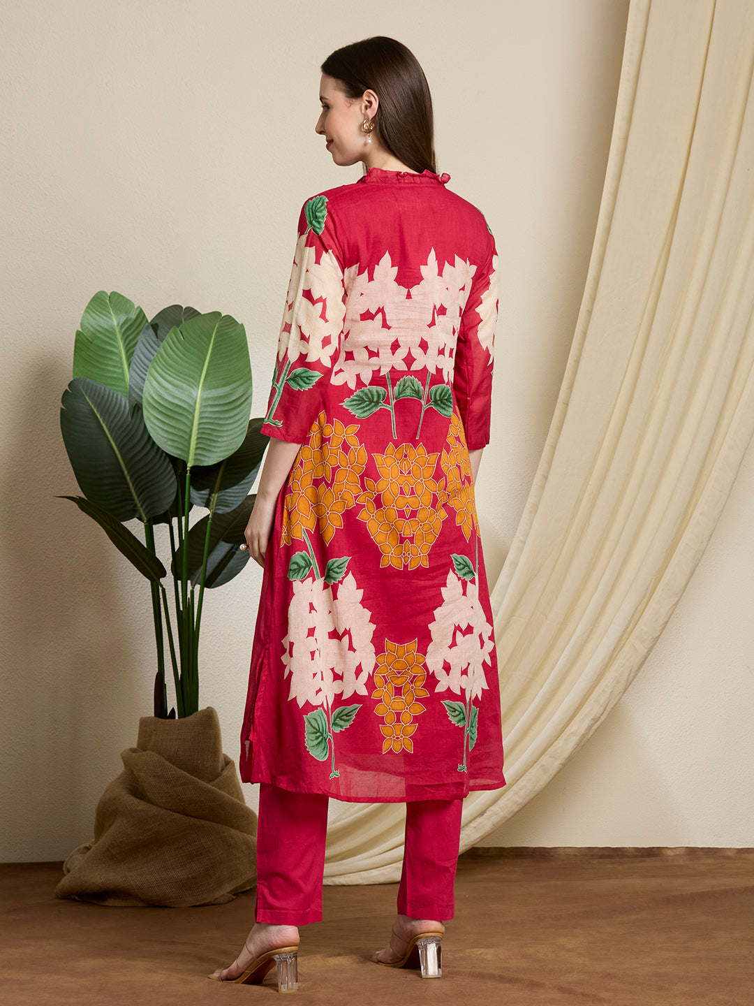 Abstract Floral Printed A-Line Pleated Kurta with Pant - Rani