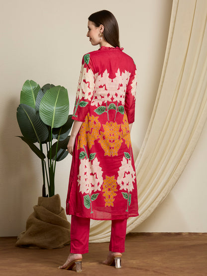 Abstract Floral Printed A-Line Pleated Kurta with Pant - Rani