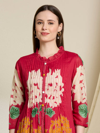 Abstract Floral Printed A-Line Pleated Kurta with Pant - Rani