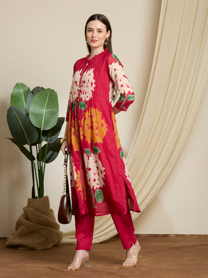 Abstract Floral Printed A-Line Pleated Kurta with Pant - Rani