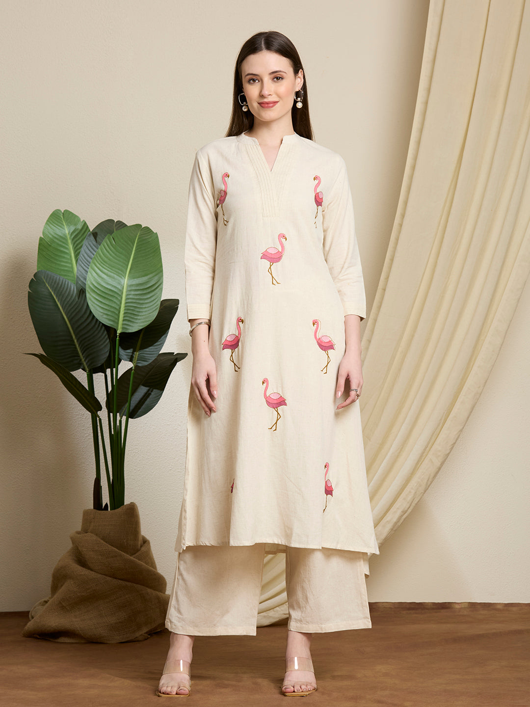 Solid Ostrich Threadwork Embroidered A-Line Co-ord Set - Off White