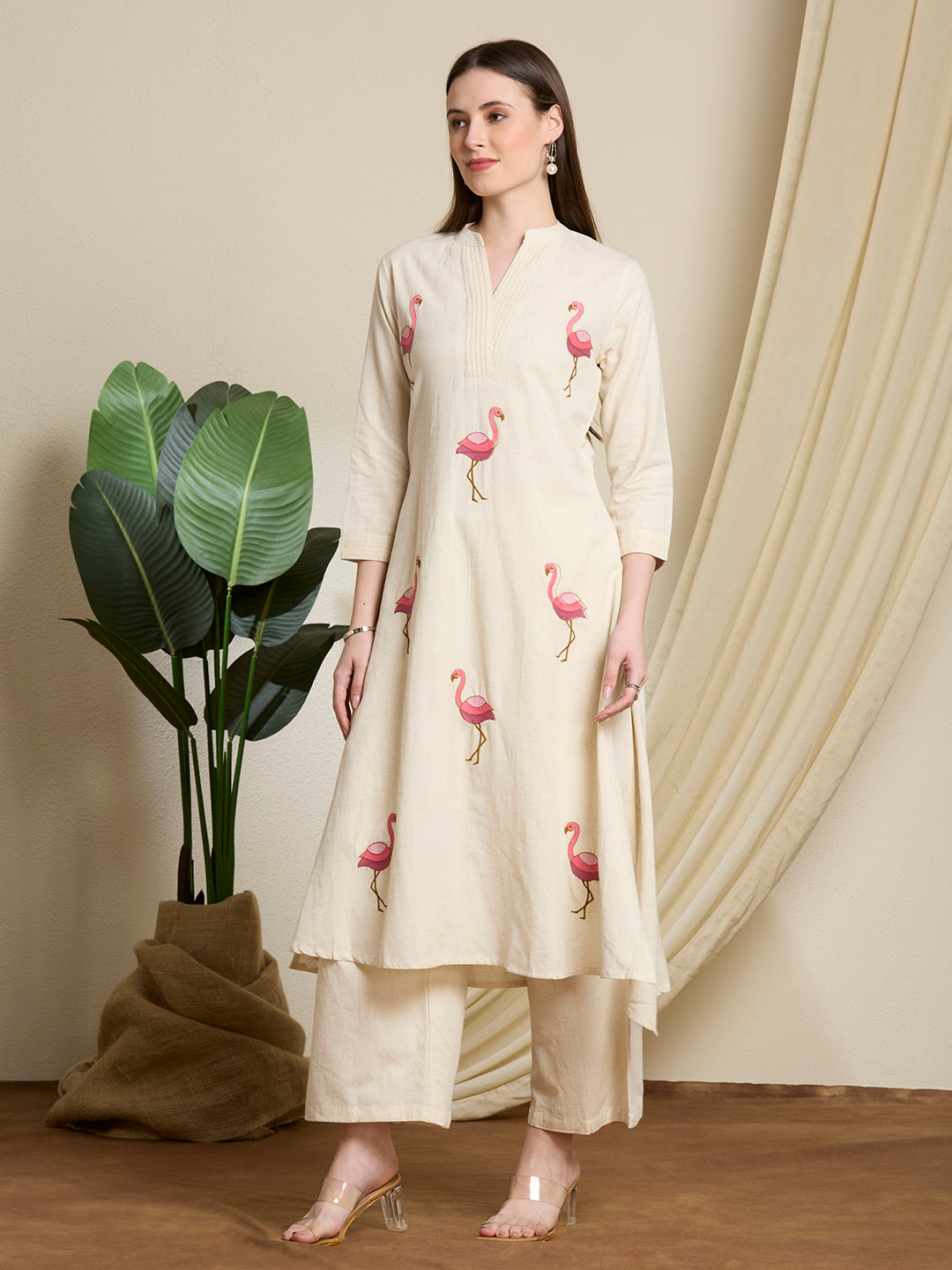 Solid Ostrich Threadwork Embroidered A-Line Co-ord Set - Off White