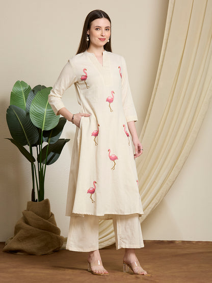 Solid Ostrich Threadwork Embroidered A-Line Co-ord Set - Off White