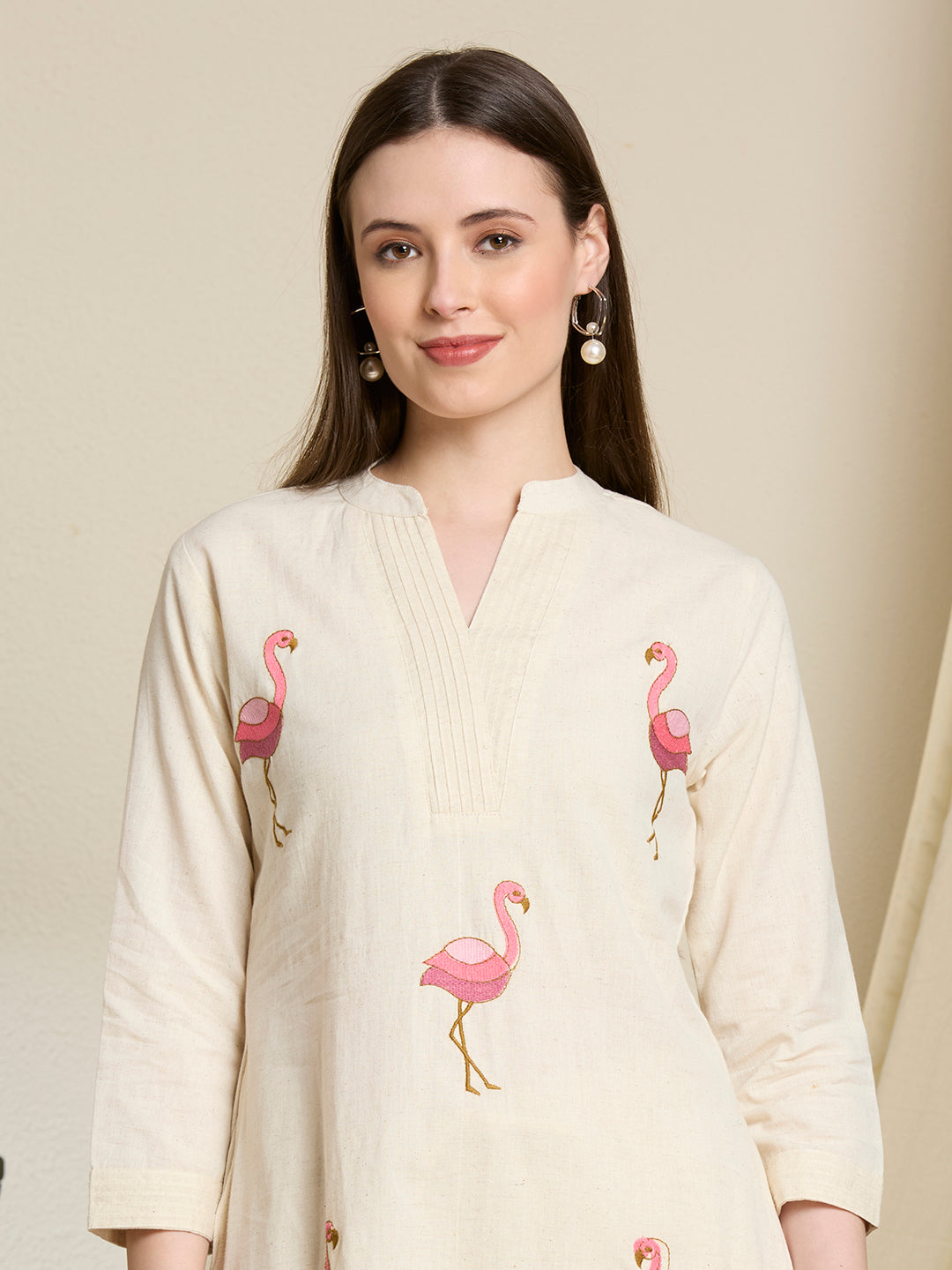 Solid Ostrich Threadwork Embroidered A-Line Co-ord Set - Off White