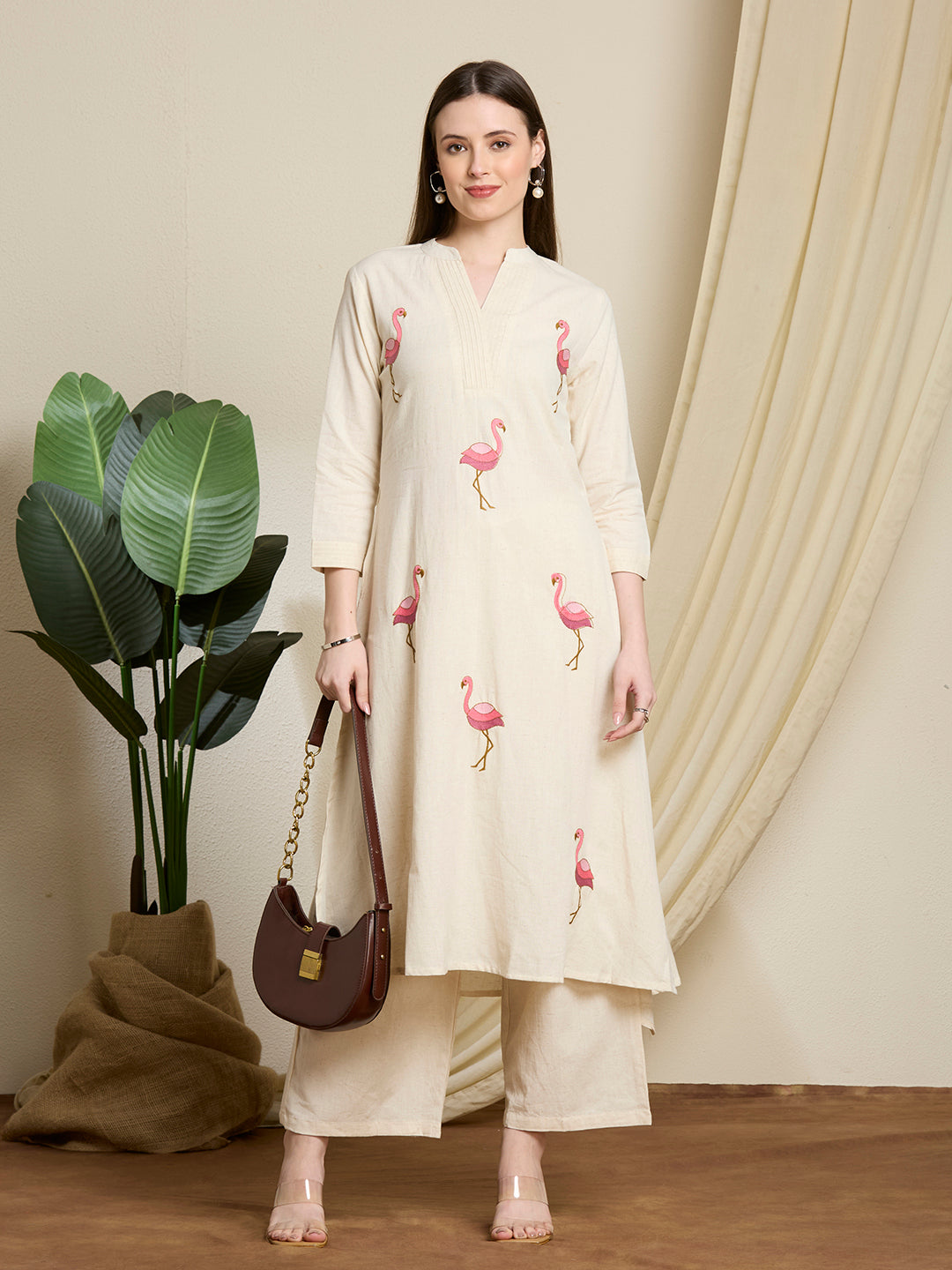 Solid Ostrich Threadwork Embroidered A-Line Co-ord Set - Off White