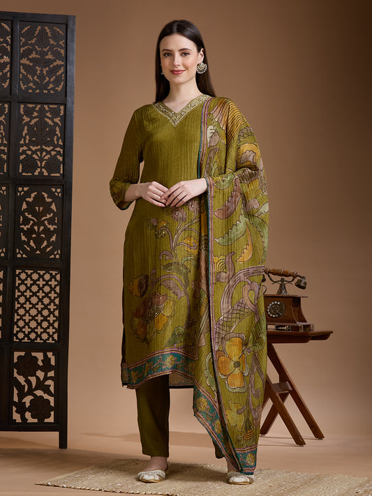 Festive Floral Printed Embroidered Tissue Kurta with Pant & Dupatta - Green