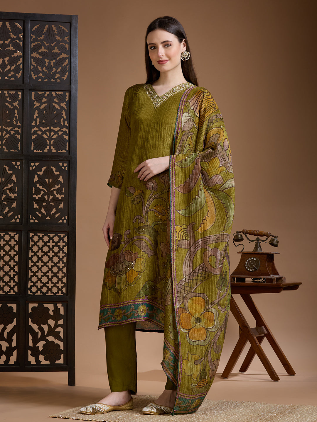 Festive Floral Printed Embroidered Tissue Kurta with Pant & Dupatta - Green