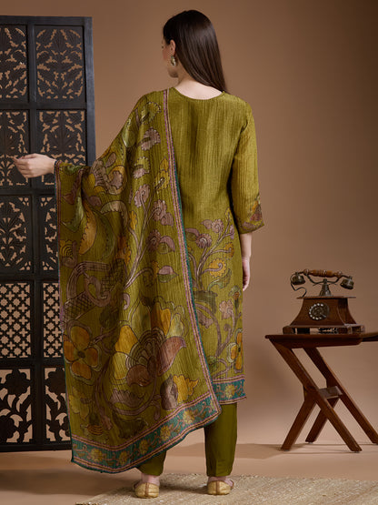 Festive Floral Printed Embroidered Tissue Kurta with Pant & Dupatta - Green