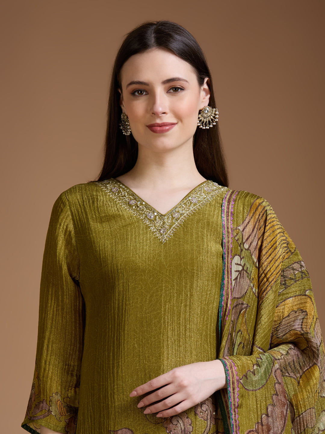Festive Floral Printed Embroidered Tissue Kurta with Pant & Dupatta - Green