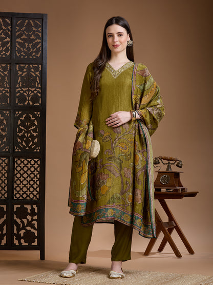 Festive Floral Printed Embroidered Tissue Kurta with Pant & Dupatta - Green