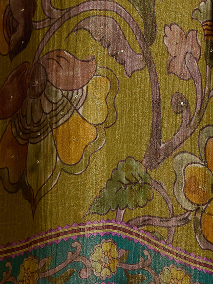 Festive Floral Printed Embroidered Tissue Kurta with Pant & Dupatta - Green
