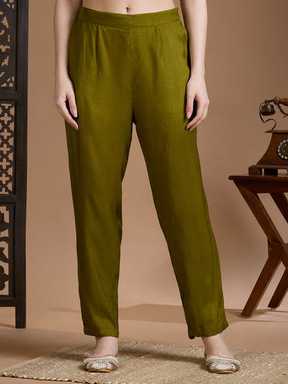 Festive Floral Printed Embroidered Tissue Kurta with Pant & Dupatta - Green