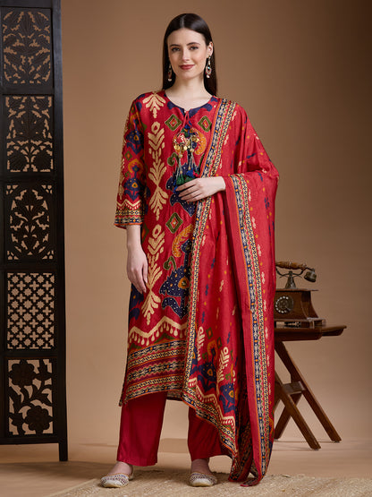 Festive Ikat Printed Embroidered Straight Kurta with Pant & Dupatta - Red