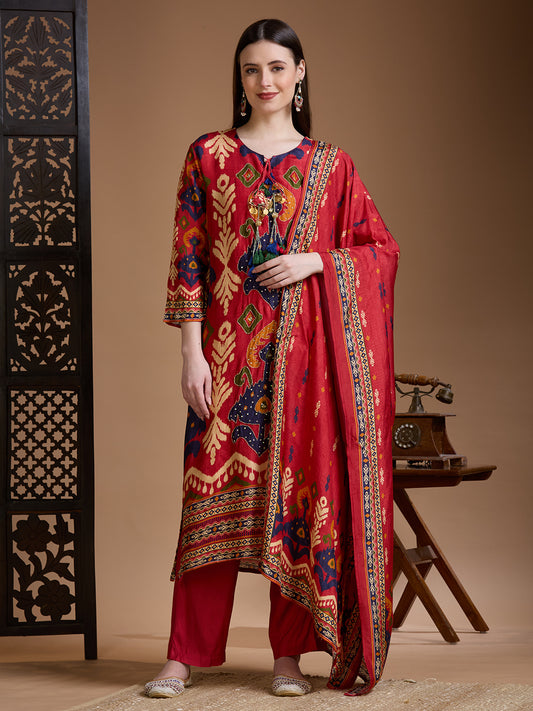 Festive Ikat Printed Embroidered Straight Kurta with Pant & Dupatta - Red