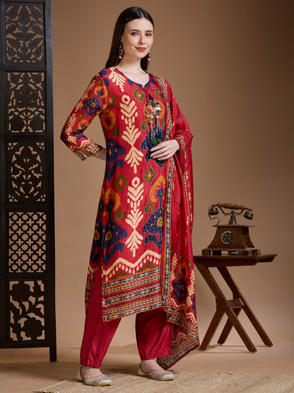 Festive Ikat Printed Embroidered Straight Kurta with Pant & Dupatta - Red