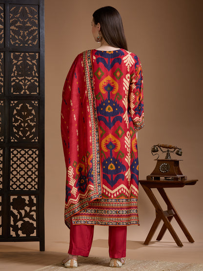 Festive Ikat Printed Embroidered Straight Kurta with Pant & Dupatta - Red