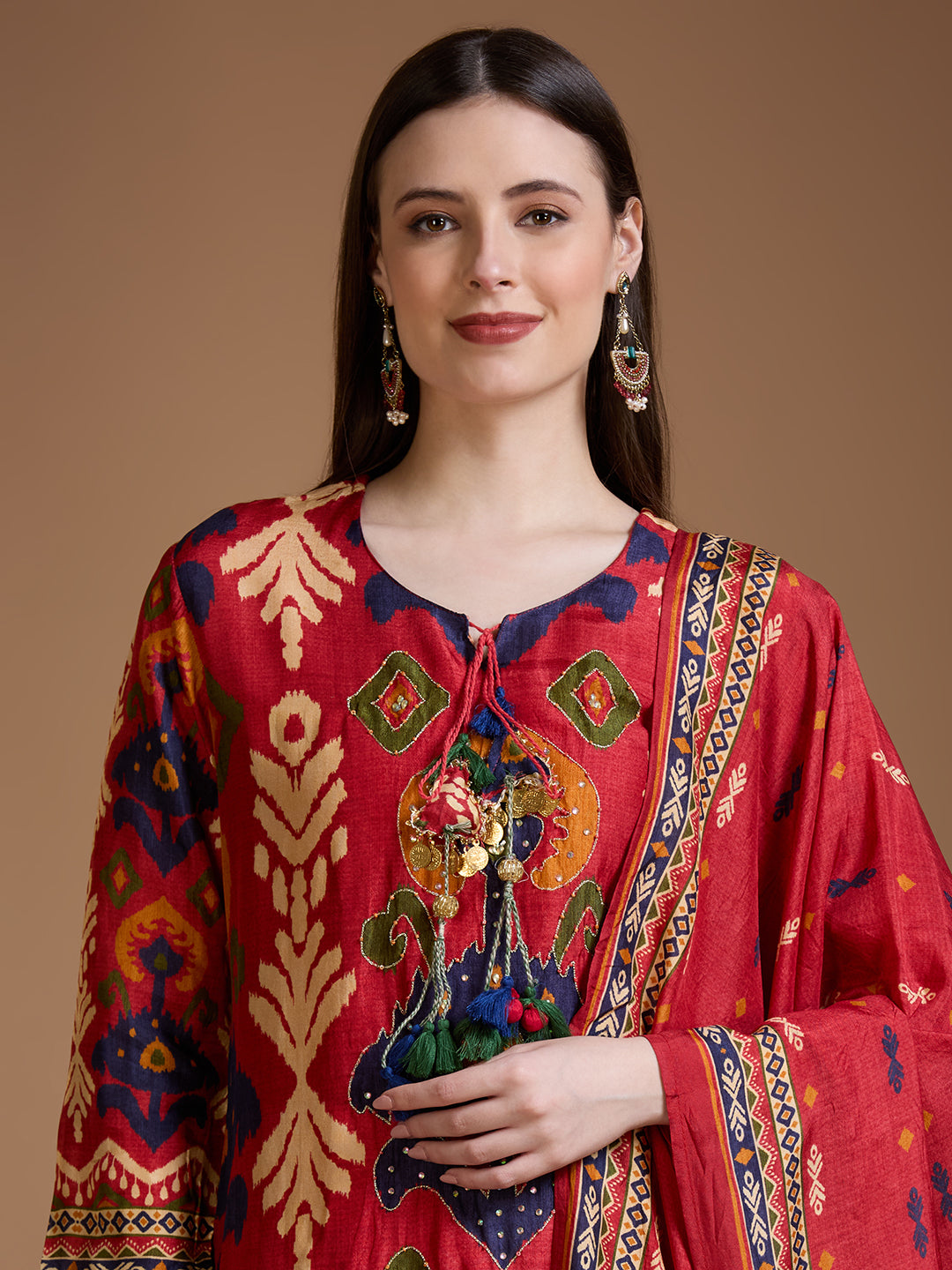 Festive Ikat Printed Embroidered Straight Kurta with Pant & Dupatta - Red