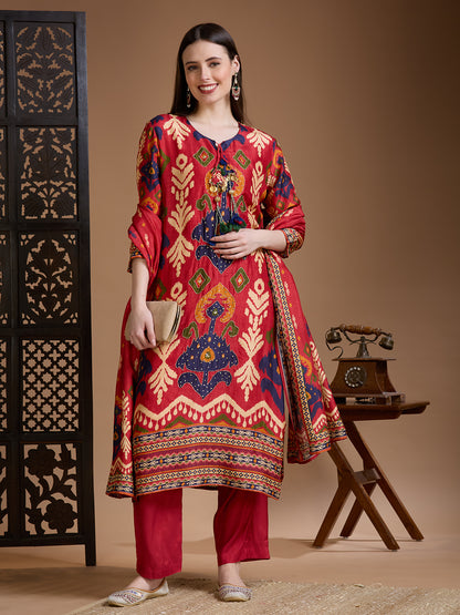 Festive Ikat Printed Embroidered Straight Kurta with Pant & Dupatta - Red