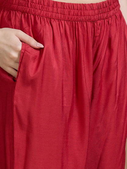 Festive Ikat Printed Embroidered Straight Kurta with Pant & Dupatta - Red