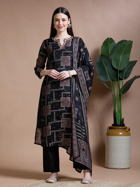 Ethnic Printed & Embroidered Straight Kurta with Pant & Duaptta - Black