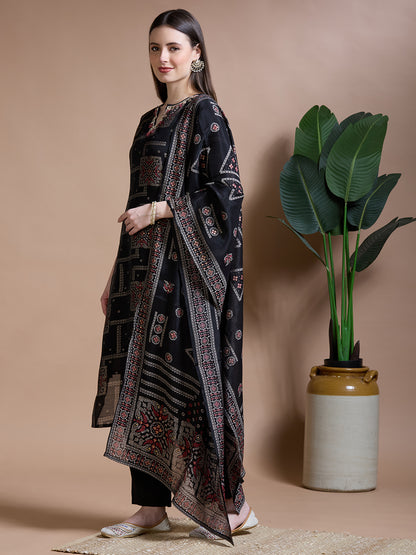 Ethnic Printed & Embroidered Straight Kurta with Pant & Duaptta - Black