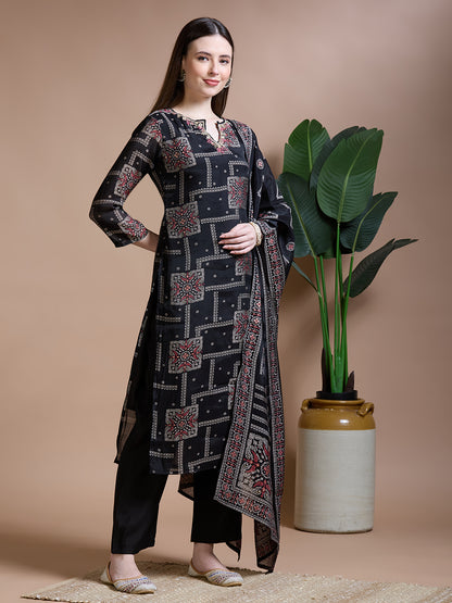 Ethnic Printed & Embroidered Straight Kurta with Pant & Duaptta - Black