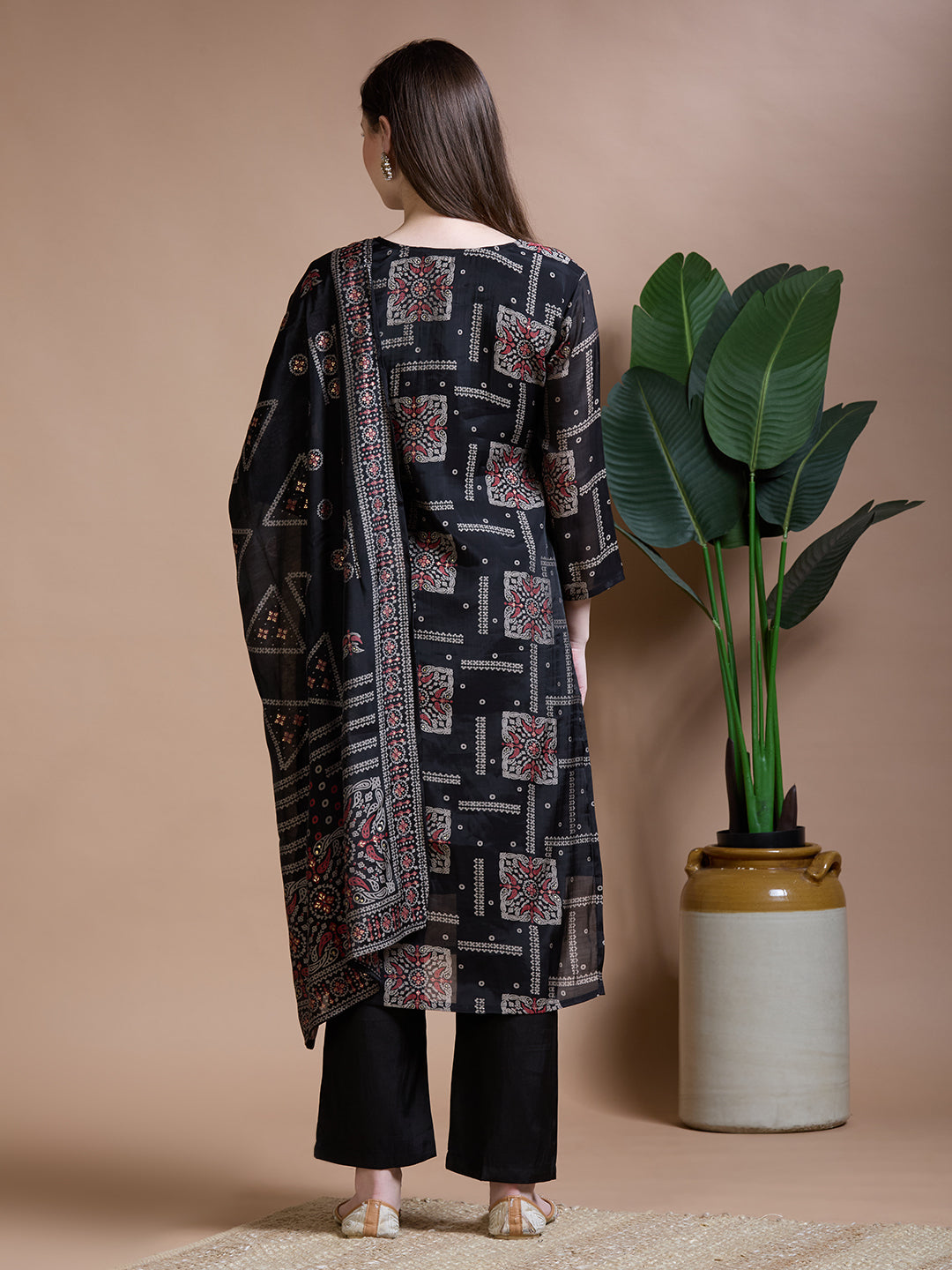 Ethnic Printed & Embroidered Straight Kurta with Pant & Duaptta - Black