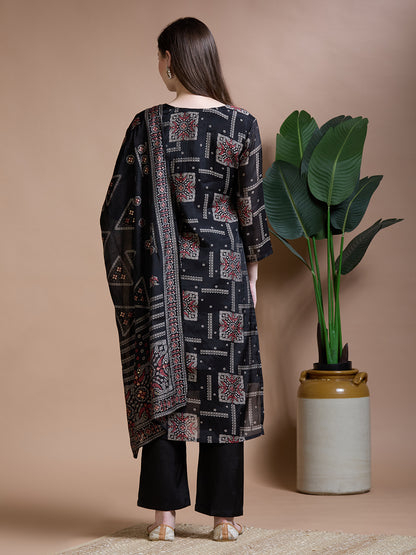 Ethnic Printed & Embroidered Straight Kurta with Pant & Duaptta - Black