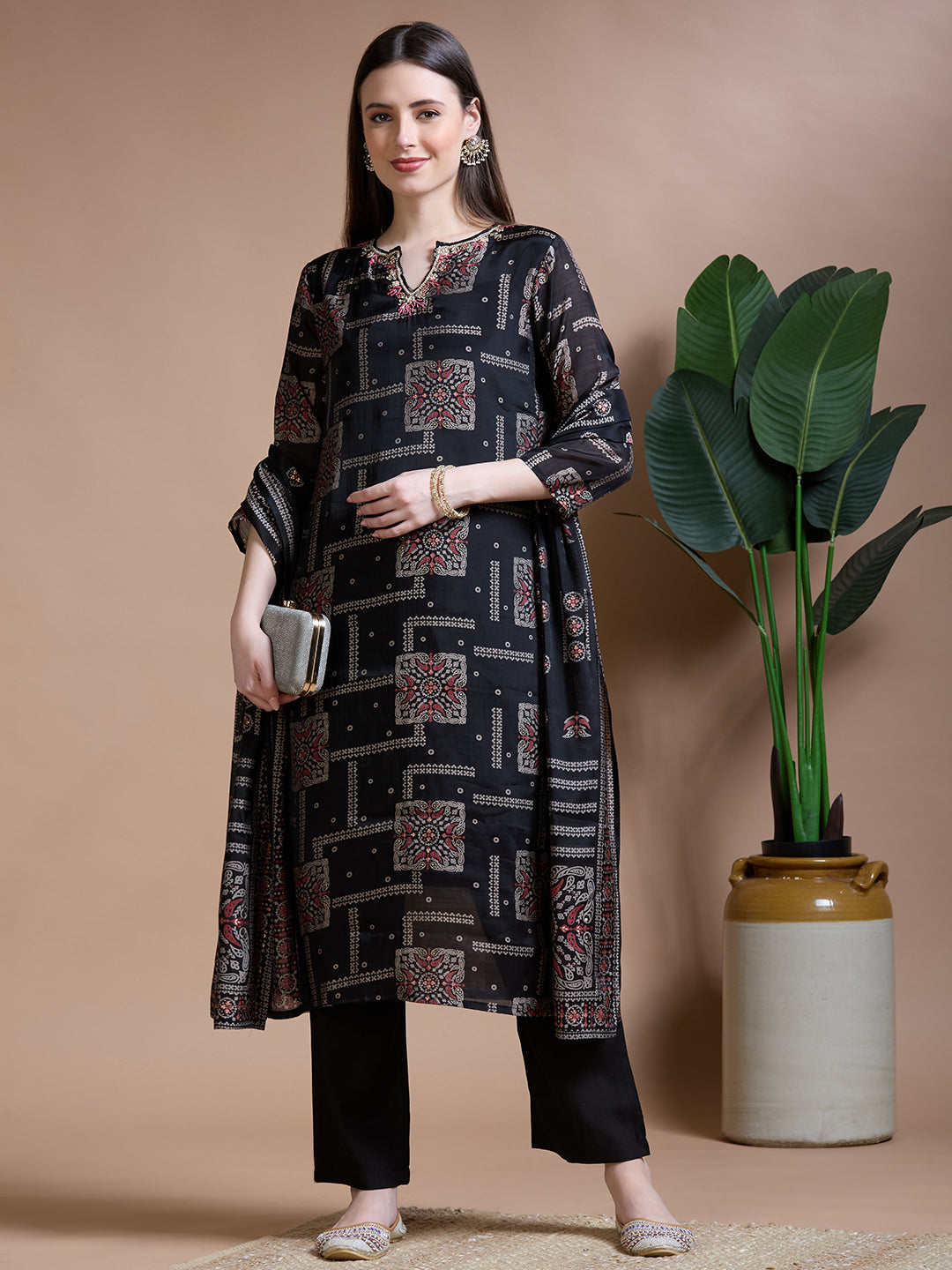 Ethnic Printed & Embroidered Straight Kurta with Pant & Duaptta - Black