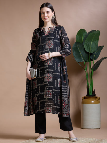Ethnic Printed & Embroidered Straight Kurta with Pant & Duaptta - Black